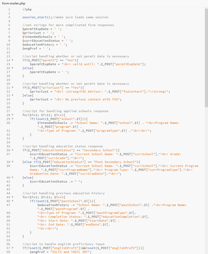Image of a sample of the PHPMailer code used to send completed web forms.